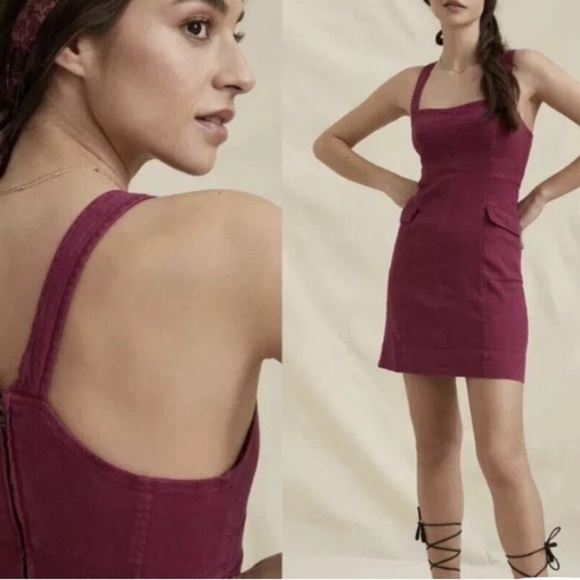 Anthropologie Dresses & Skirts - Anthropologie Square Neck Linen Blend Mini Cargo Stretch Dress 6 Burgundy Boho